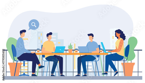 Flat vector illustration of business colleagues meeting in modern city cafe with skyline view. Solid warm tones, minimal clean shapes, no gradients, professional urban lifestyle