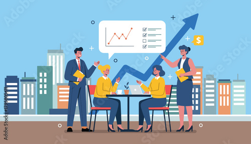 Flat vector illustration of business colleagues meeting in modern city cafe with skyline view. Solid warm tones, minimal clean shapes, no gradients, professional urban lifestyle