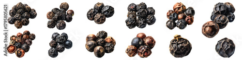 Dried black peppercorns stems, spices, and seasoning watercolor set isolated on transparent background