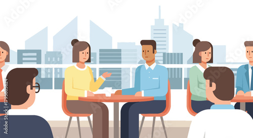 Flat vector illustration of business colleagues meeting in modern city cafe with skyline view. Solid warm tones, minimal clean shapes, no gradients, professional urban lifestyle