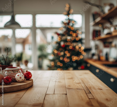 a christmas tree with bokeh lights in the background and a kitchen counter with a wooden countertop in focus, a blurred background, christmas decorations on the tree, red and white ornaments on a wood