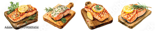 Grilled salmon fillets on wooden board with lemon slices, herbs and garlic watercolor set isolated on transparent background
