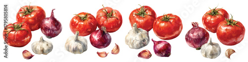 Ripe red tomatoes, garlic, red onion, and shallot cloves watercolor set isolated on transparent background