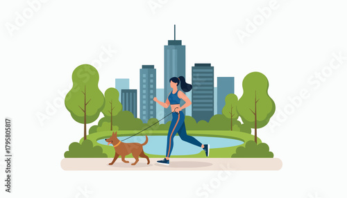 Flat vector illustration of people jogging and walking dogs in park with skyscrapers behind. Solid soft tones, no gradients, active lifestyle concept, clean urban nature scene