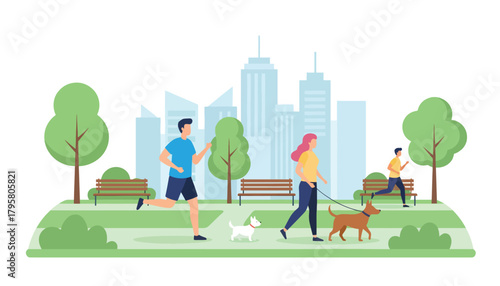 Flat vector illustration of people jogging and walking dogs in park with skyscrapers behind. Solid soft tones, no gradients, active lifestyle concept, clean urban nature scene