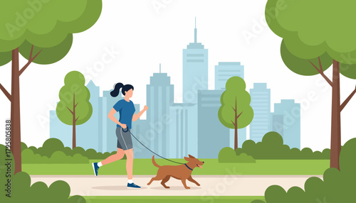Flat vector illustration of people jogging and walking dogs in park with skyscrapers behind. Solid soft tones, no gradients, active lifestyle concept, clean urban nature scene