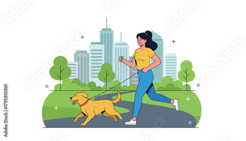 Flat vector illustration of people jogging and walking dogs in park with skyscrapers behind. Solid soft tones, no gradients, active lifestyle concept, clean urban nature scene