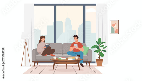 Flat vector illustration of young couple relaxing in modern apartment with skyline window view. Solid calm palette, clean layout, no gradients, cozy urban home life concept