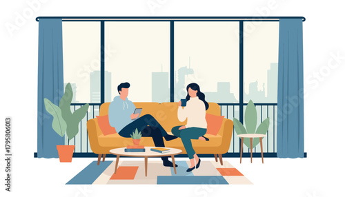 Flat vector illustration of young couple relaxing in modern apartment with skyline window view. Solid calm palette, clean layout, no gradients, cozy urban home life concept