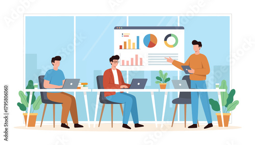 Flat vector illustration of people using laptops in shared co-working office. Solid tones, modern geometric furniture, clean perspective, no gradients, digital business lifestyle
