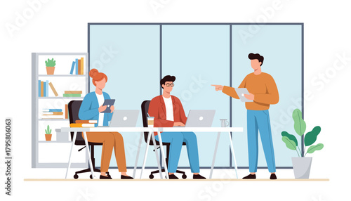 Flat vector illustration of people using laptops in shared co-working office. Solid tones, modern geometric furniture, clean perspective, no gradients, digital business lifestyle