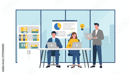 Flat vector illustration of people using laptops in shared co-working office. Solid tones, modern geometric furniture, clean perspective, no gradients, digital business lifestyle