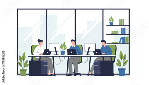 Flat vector illustration of people using laptops in shared co-working office. Solid tones, modern geometric furniture, clean perspective, no gradients, digital business lifestyle