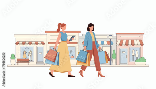 Flat vector illustration of women walking downtown carrying shopping bags. Solid pastel tones, minimal geometric layout, no gradients, modern retail lifestyle in big city