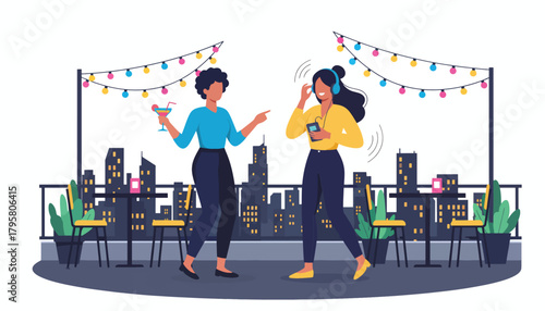 Flat vector illustration of people enjoying rooftop bar under city lights. Solid dark palette, bright highlights, no gradients, elegant nightlife illustration, modern urban vibe