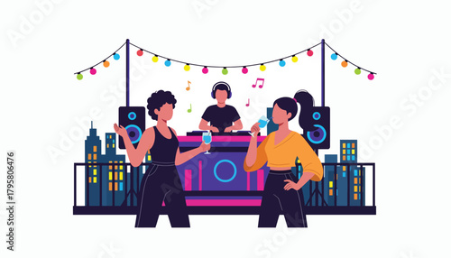 Flat vector illustration of people enjoying rooftop bar under city lights. Solid dark palette, bright highlights, no gradients, elegant nightlife illustration, modern urban vibe