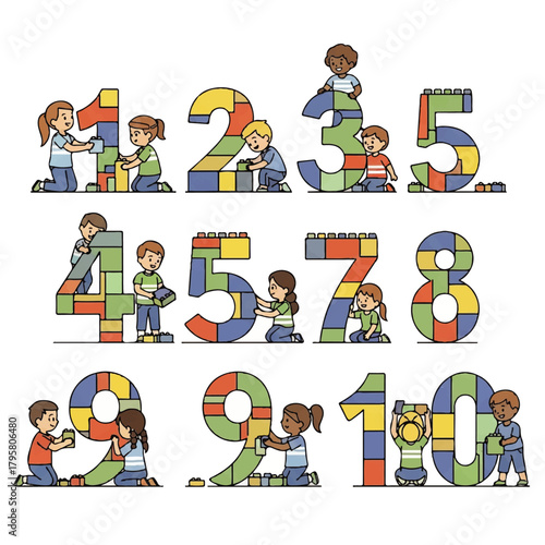 Children playing with colorful oversized numbers arranged in a playful sequence.