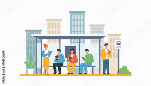 Flat vector illustration of people waiting for bus at city stop with skyscrapers behind. Solid bright palette, clean modern design, no gradients, transportation and daily life