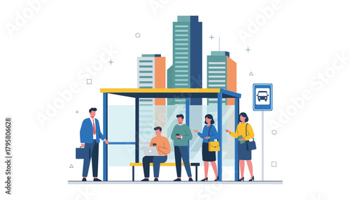 Flat vector illustration of people waiting for bus at city stop with skyscrapers behind. Solid bright palette, clean modern design, no gradients, transportation and daily life