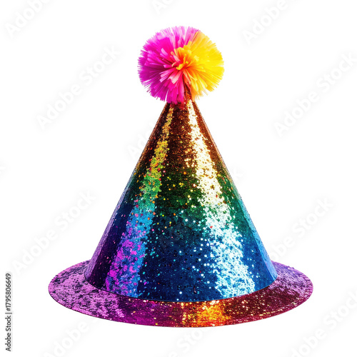 Sequined party hat with rainbow colors & pompom