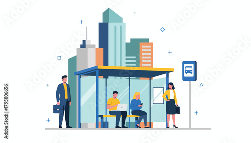 Flat vector illustration of people waiting for bus at city stop with skyscrapers behind. Solid bright palette, clean modern design, no gradients, transportation and daily life