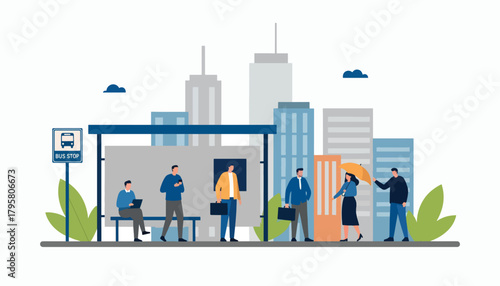 Flat vector illustration of people waiting for bus at city stop with skyscrapers behind. Solid bright palette, clean modern design, no gradients, transportation and daily life
