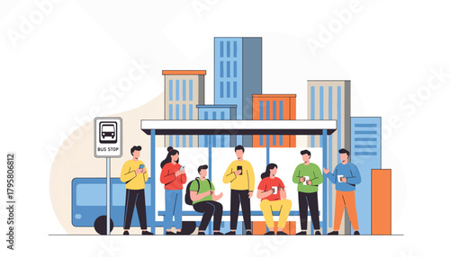 Flat vector illustration of people waiting for bus at city stop with skyscrapers behind. Solid bright palette, clean modern design, no gradients, transportation and daily life
