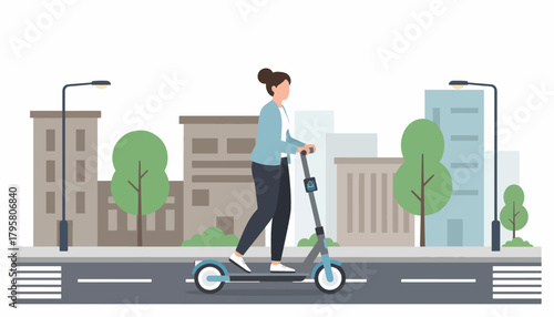 Flat vector illustration of young woman riding electric scooter through city street. Solid soft palette, clean modern lines, no gradients, urban eco-friendly mobility design