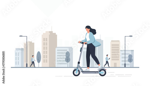 Flat vector illustration of young woman riding electric scooter through city street. Solid soft palette, clean modern lines, no gradients, urban eco-friendly mobility design