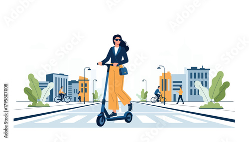 Flat vector illustration of young woman riding electric scooter through city street. Solid soft palette, clean modern lines, no gradients, urban eco-friendly mobility design