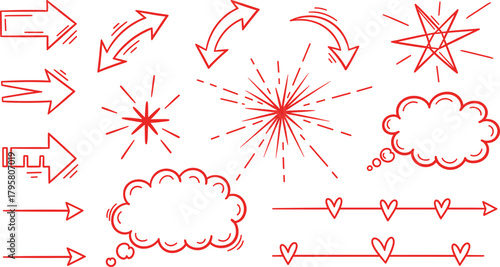 Red doodle arrows stars bursts thought bubbles heart dividers sketch hand drawn decorative vector elements set