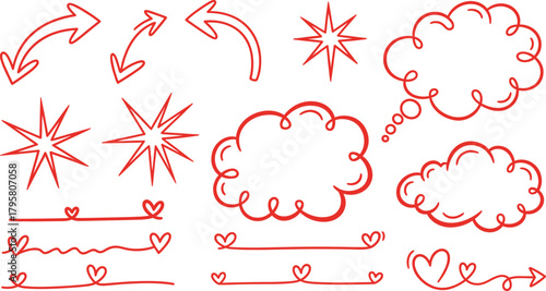 Red doodle arrows stars clouds thought bubbles heart dividers cute decorative sketch vector elements set