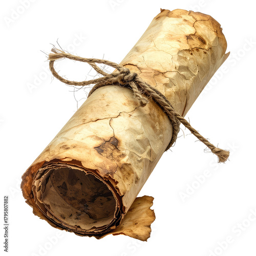 Aged scroll rolled paper tied with string, worn texture