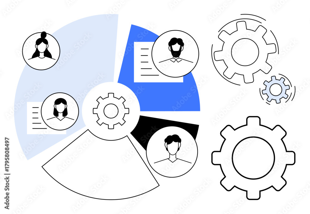 Fototapeta premium Gears and pie chart highlight collaboration, process optimization, and teamwork. Profiles show team involvement and data sharing. Ideal for business, teamwork, processes, operations, strategy