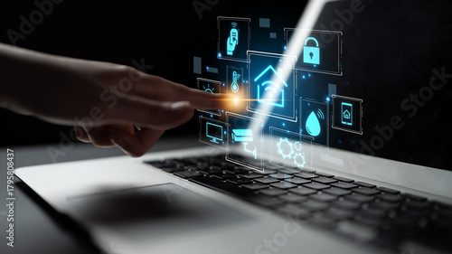 Concept of a smart home and the Internet of Things (IoT). A central system controls home automation features like security, lighting, and climate for modern, convenient living. Fermion