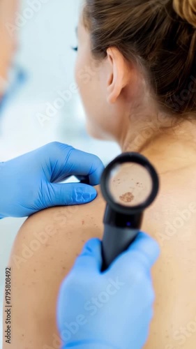 Dermatologist examining moles on woman's back, skin check with magnifying glass, mole screening, skin cancer prevention, dermatology visit, medical examination, early diagnosis, health care