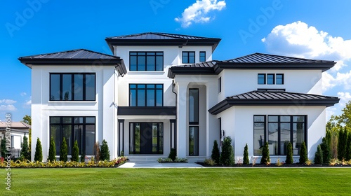 Beautiful modern villa surrounded by lush garden high resolution picture
