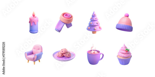 Isolated PNG pastel winter icons: pink knitted hat, purple cup of cocoa, pink cookies, lilac candle, pastel cupcake tree and small pink Christmas tree in soft 3D style. Cute elements for design.
