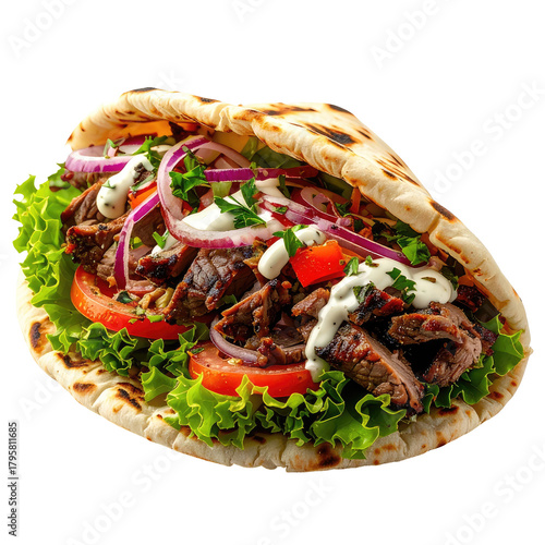 Filled pita sandwich with beef, tomatoes, lettuce, onions and sauce