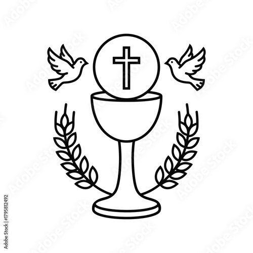 eucharist symbol with chalice, host, doves, and wheat line art drawing on a white background.