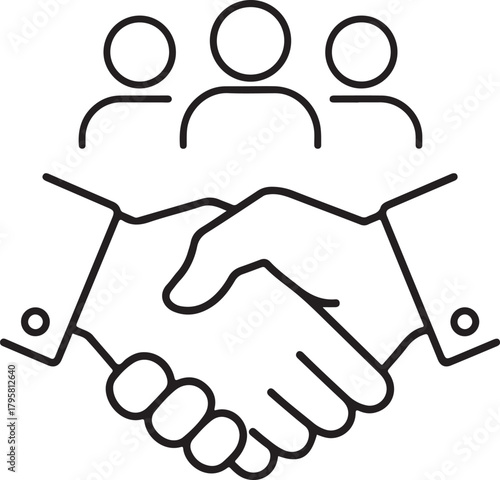 Team collaboration solid icon showing a handshake under a group of people for business partnership meeting deal and corporate agreement vector glyph
