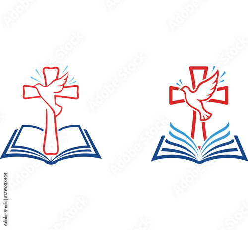 christian church logos with cross, holy spirit dove, and open bible vector illustration.