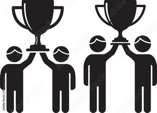 Two pairs of people holding up trophies in a distinctive silhouette style