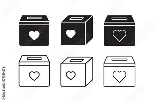 Donation box icon outline and silhouette set