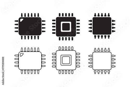 Microchip icon outline and silhouette set