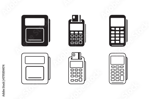 POS machine icon outline and silhouette set