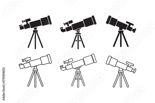 Telescope icon outline and silhouette set