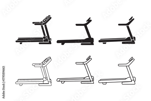 Treadmill icon outline and silhouette set
