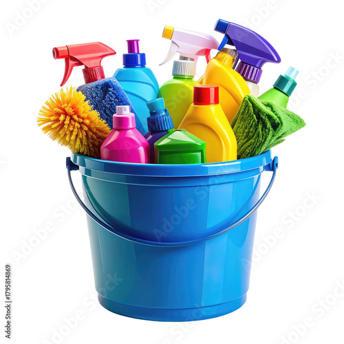 Bucket overflowing with colorful cleaning supplies isolated