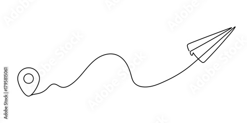 Paper plane travel route illustrated in a continuous line style. Abstract journey path connecting a map pin and destination point, symbolizing travel, navigation, adventure, direction